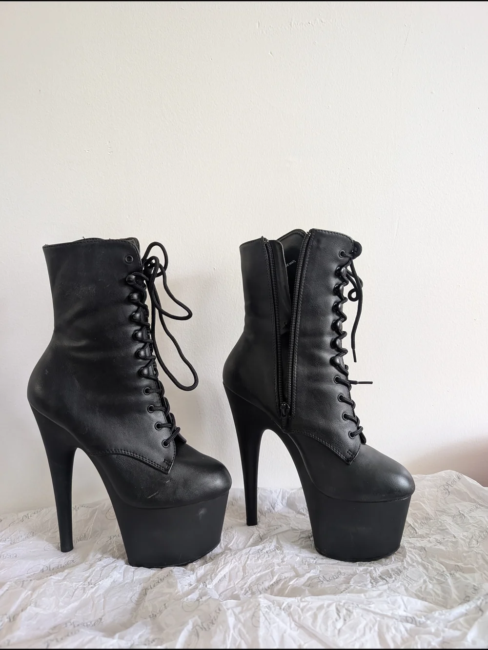 Pleaser Black Lace-Up Platform Ankle Boots